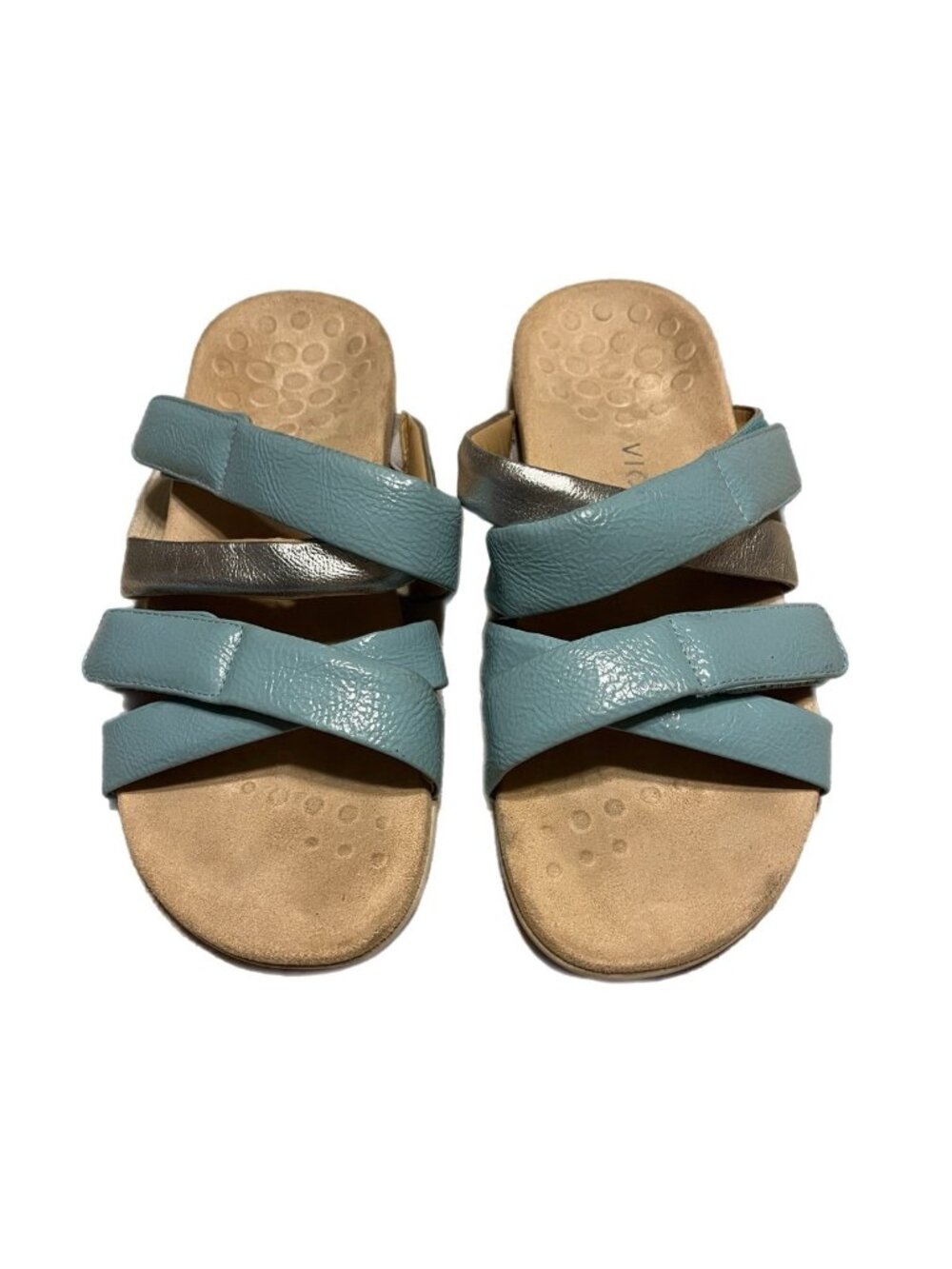 Vionic Hadlie Slide Comfort Sandal Size  9 Crinkle Patent Leather Blue Silver